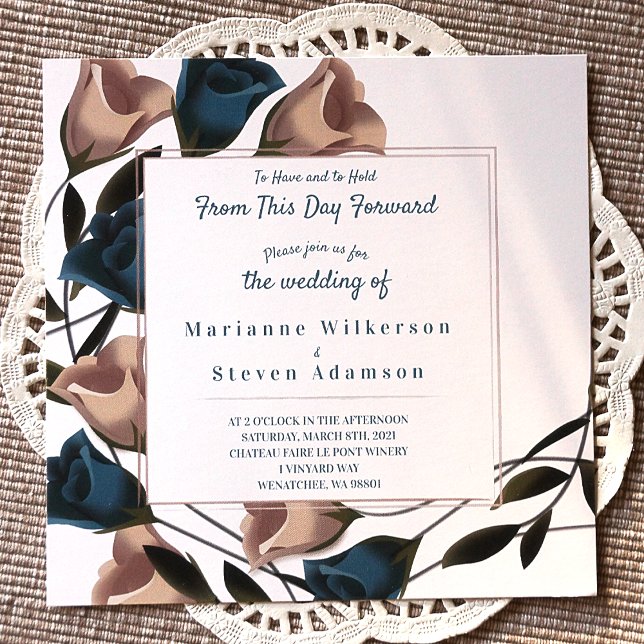 Turquoise, Beige Vintage Faire-part de mariage (Teal and Beige Botanical Rose Garden Wedding Invitations, Rose Border)
