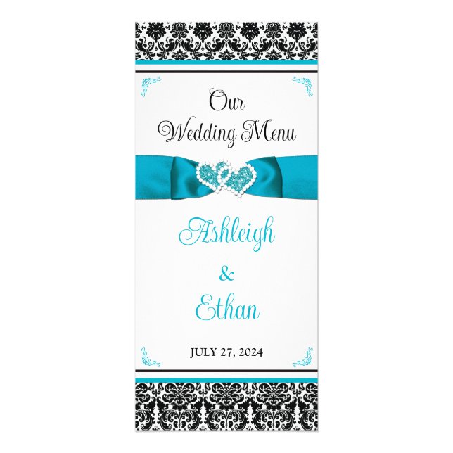 Turquoise, Black Damask Love Hearts Menu Mariage (Devant)