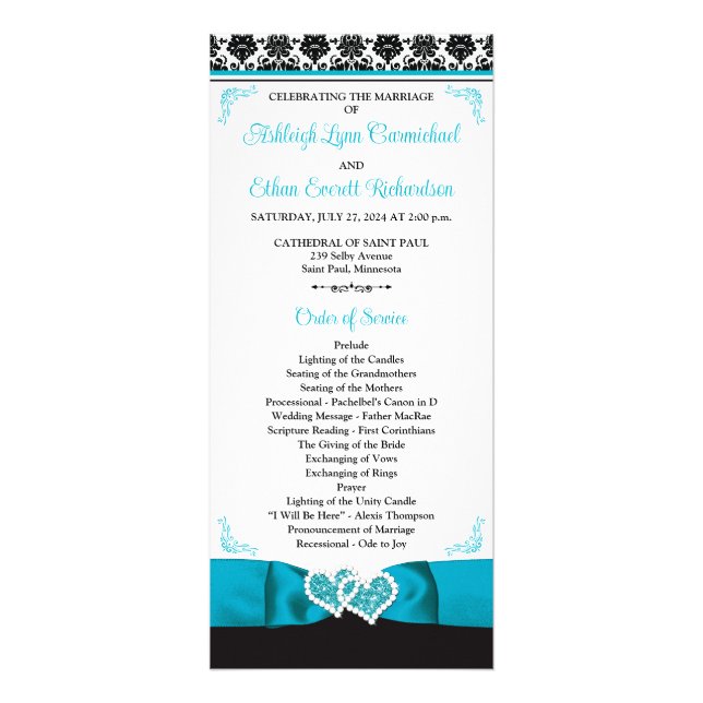 Turquoise, Black Love Hearts Programme de mariage (Devant)