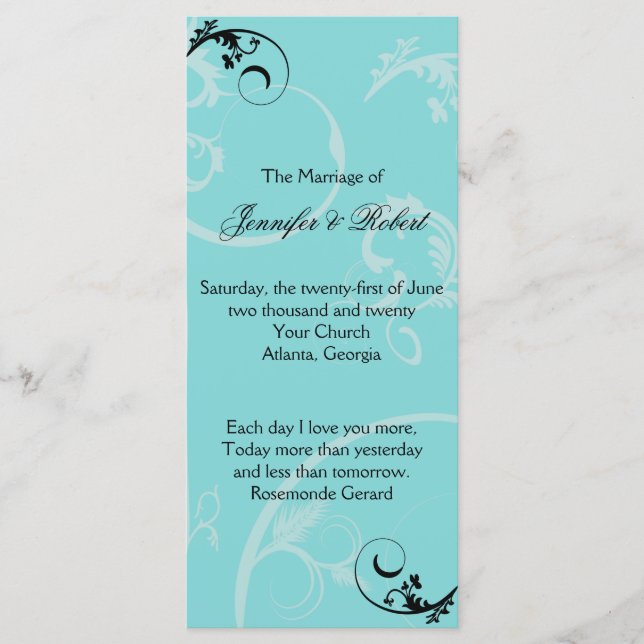 Turquoise Black Swirl programme de mariage floriss (Devant)