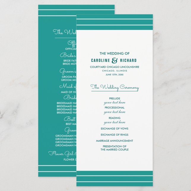 Turquoise Blanc Élégant Mariage Programmes (Devant / Derrière)
