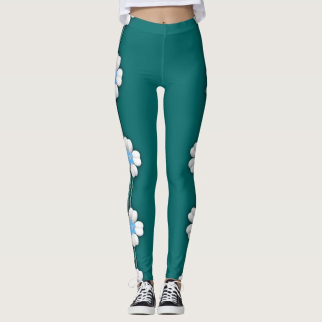 Turquoise Blanc Lotus Water Lily Heart Leggings (Devant)