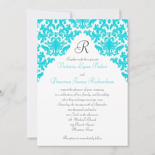 Turquoise, Blanc, Noir Damas Invitation Monogrammé (Devant)
