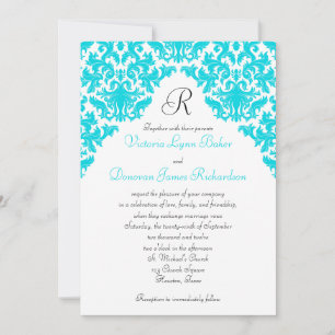 Turquoise, Blanc, Noir Damas Invitation Monogrammé