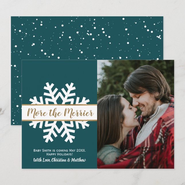 Turquoise blanc photo Noël Grossesse Faire-part (Devant / Derrière)
