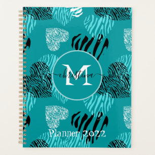 Turquoise Blanc Zèbre Imprimer Coeurs Monogramme