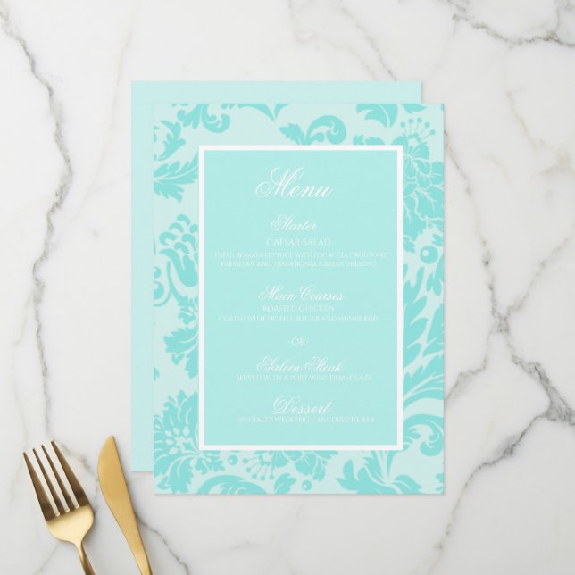 Turquoise bleu damassé motif mariage menu plat (Devant/Arrière en situation)