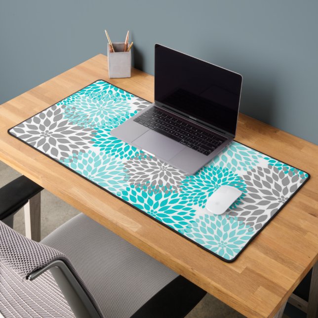 Turquoise Bleu et Gris Dahlia Floral (Bureau 2)