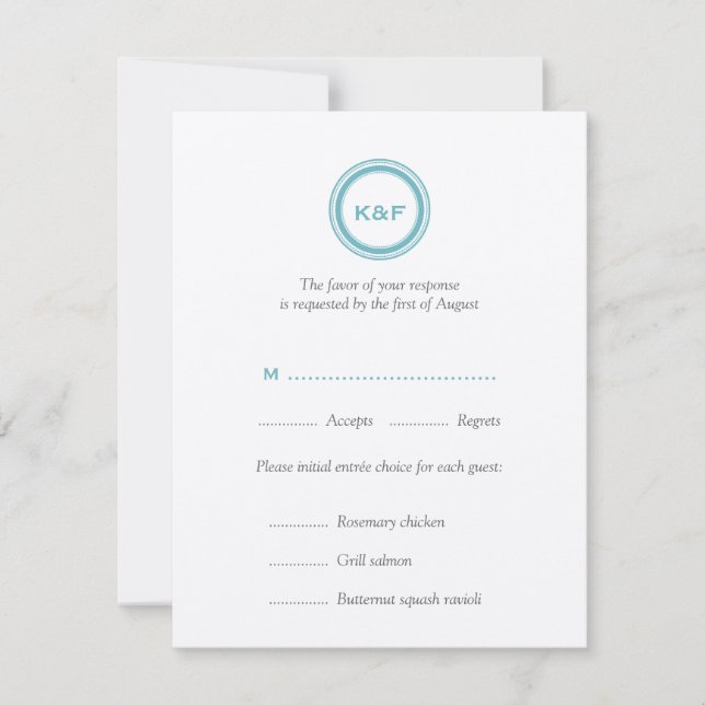 Turquoise bleu initiales mariage carte de réponse  (Devant)