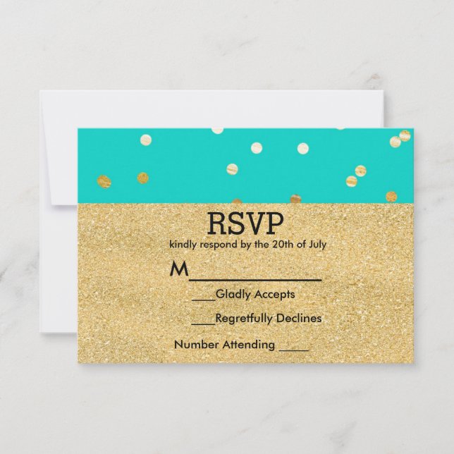 Turquoise Bleu & Or Confetti Pailleté Points RSVP (Devant)