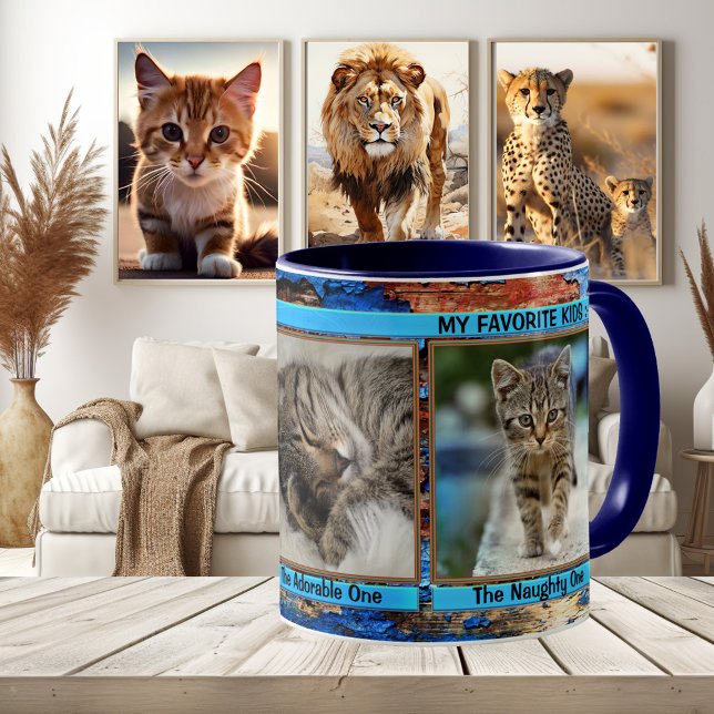 Turquoise Bleu Personnalisé Chats Drôle Photo Mug (Funny cat photo mug with a grunge artistic turquoise blue framing - kittens optional)