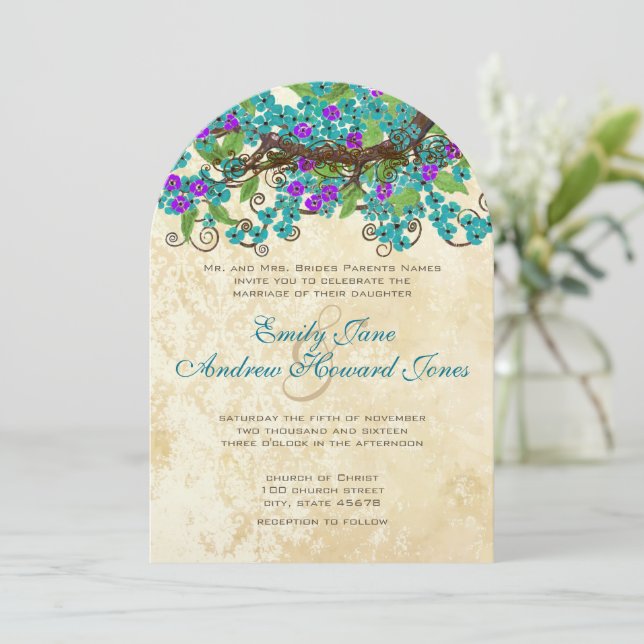 Turquoise bleu violet Enchanted Forest Invitations (Debout devant)