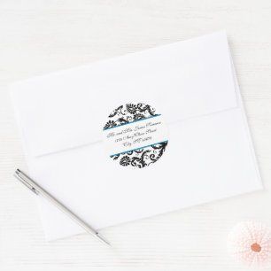 Turquoise Blue Black Damask Adresse Stickers de ma