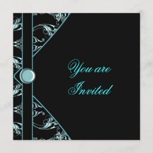 Turquoise Blue Black Damask Party Invitation Modèl