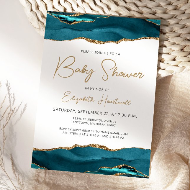 Turquoise Blue Gold Agate Baby shower Invitation (Créateur téléchargé)