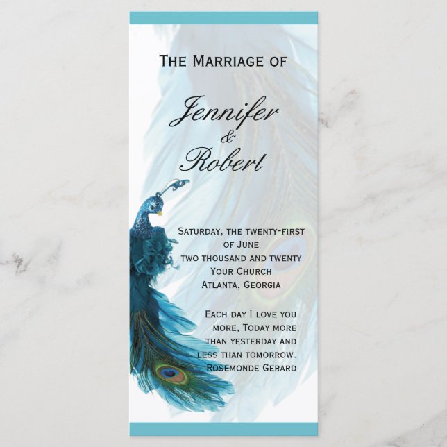 Turquoise Blue Peacock Plume Wedding Programme (Devant)