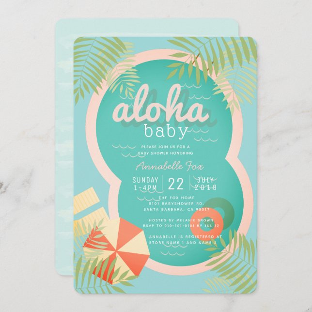 Turquoise Blue Pool Aloha Baby shower Invitation (Devant / Derrière)