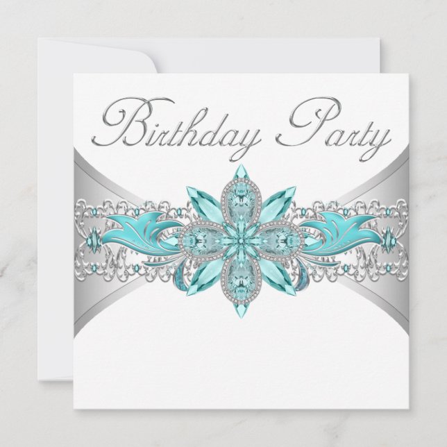 Turquoise Blue Silver Invitations de fête d'annive (Devant)