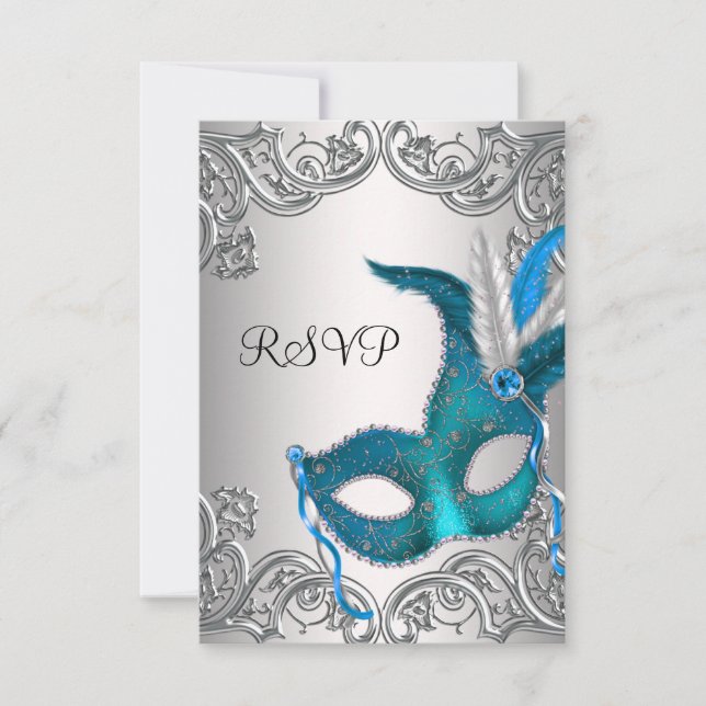 Turquoise Blue Silver Masquerade Party RSVP (Devant)