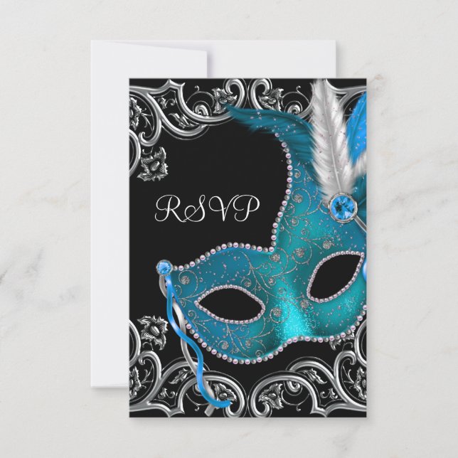 Turquoise Blue Silver Masquerade Party RSVP (Devant)