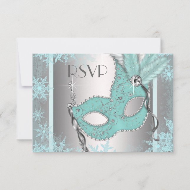 Turquoise Blue Snowflake Masquerade Party RSVP (Devant)