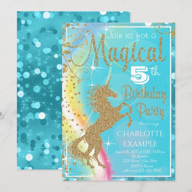 Turquoise Blue Unicorn Invitations de fête d'anniv (Devant / Derrière)