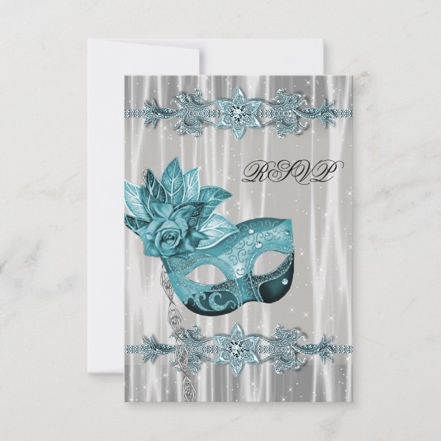 Turquoise Blue White Masquerade Party RSVP (Devant)