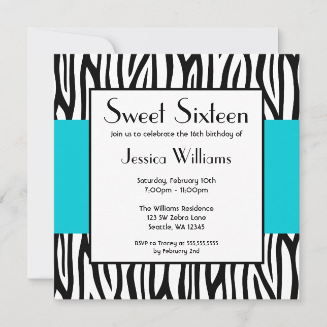 Turquoise Blue Zebra Modern Sweet 16 Invitations (Devant)