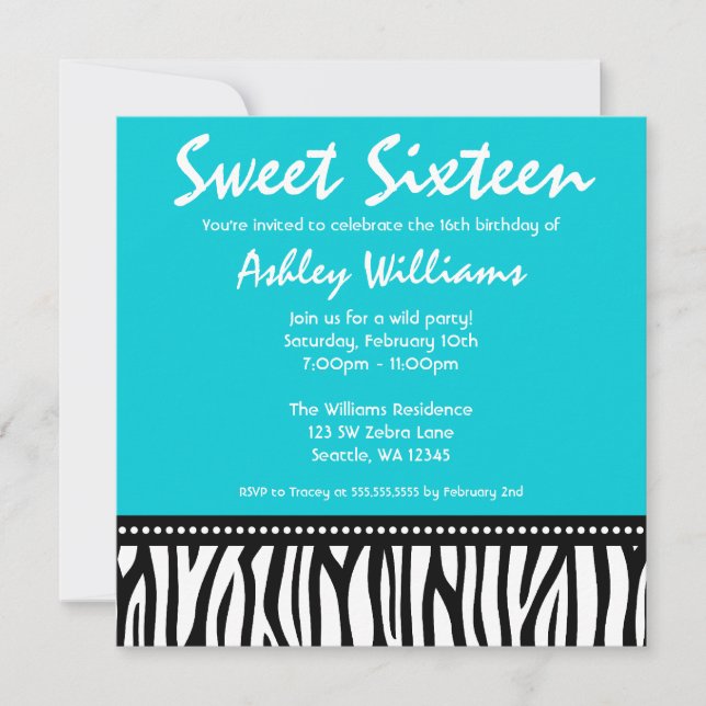 Turquoise Blue Zebra Sweet 16 Invitations (Devant)