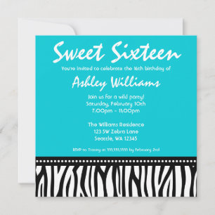 Turquoise Blue Zebra Sweet 16 Invitations