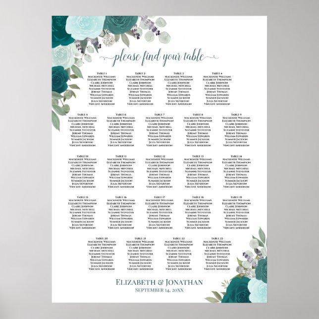 Turquoise Boho Floral 23 Tableau Mariage Siège (Devant)