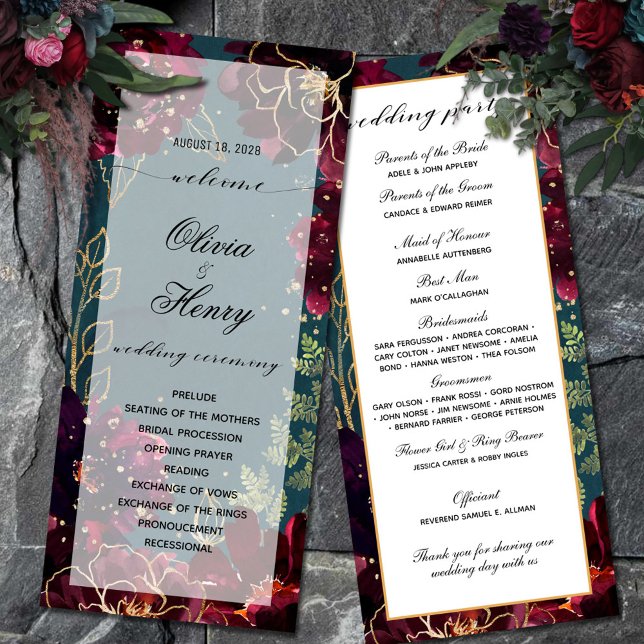 Turquoise Bordeaux Jewel Tones Programme de Mariag (Teal Bordeaux Jewel Tone Wedding Program double-sided)