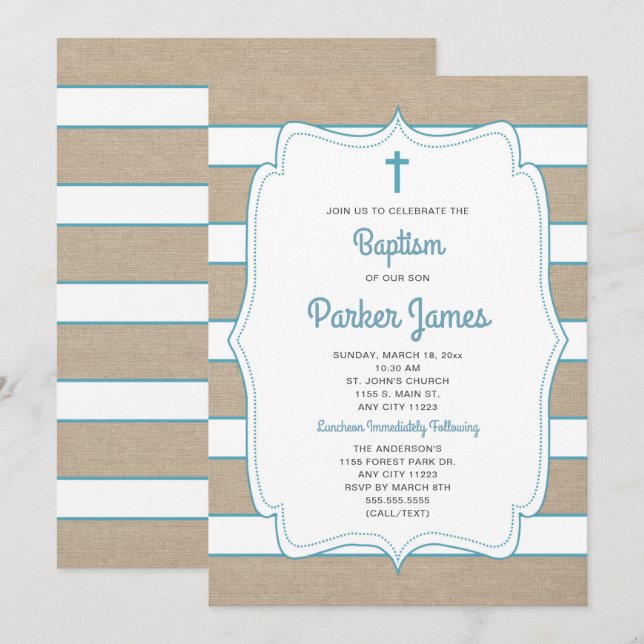 Turquoise branché + toile rayée invitation Baptême (Devant / Derrière)
