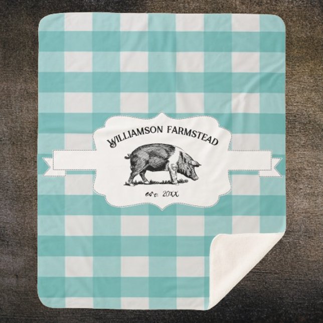 Turquoise Buffalo Plaid Farm Pig Sherpa Blanche (Teal Buffalo Plaid Farm Pig Personalized Sherpa Blanket)