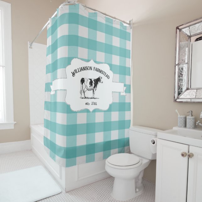 Turquoise Buffalo Plaid Ferme Vache Douche rideau (En situation)