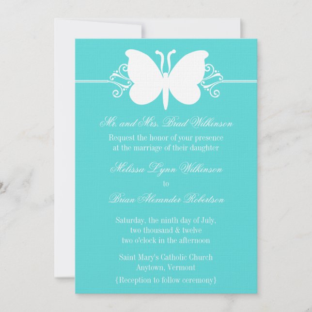 Turquoise Butterfly Swirls Wedding Invitation (Devant)