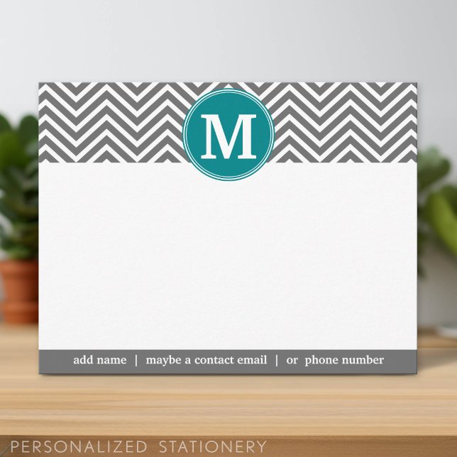 Turquoise Charbon Chevrons Monogram Merci (Personalized Stationery)
