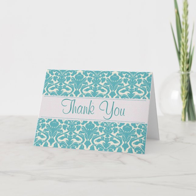 Turquoise Damask Carte de remerciements personnali (Devant)
