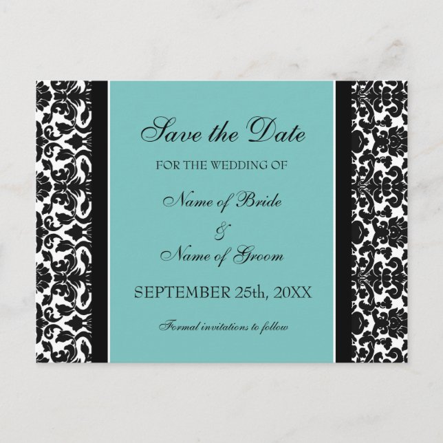 Turquoise Damask Enregistrer la date Mariage Carte (Devant)