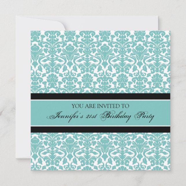 Turquoise Damask Invitations fête d'anniversaire 2 (Devant)