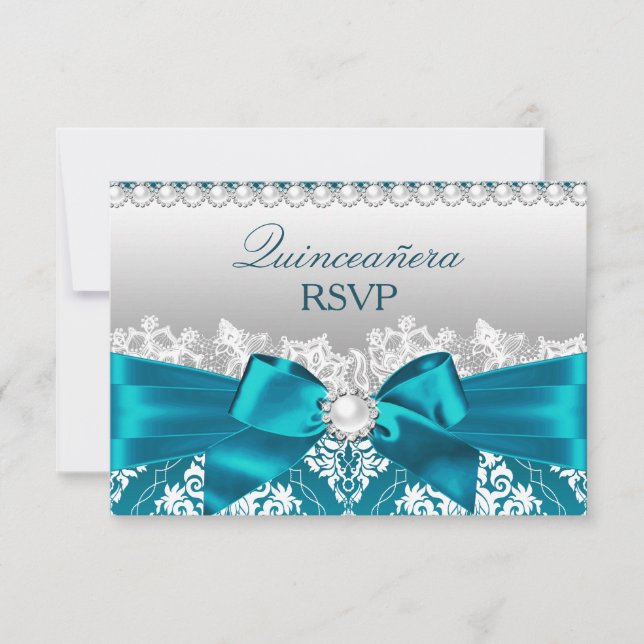 Turquoise Damask Pearl Bow Quinceanera RSVP (Devant)