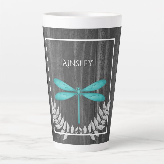 Turquoise Dragonfly Rustic Personnalisé Latte Mug (Devant)