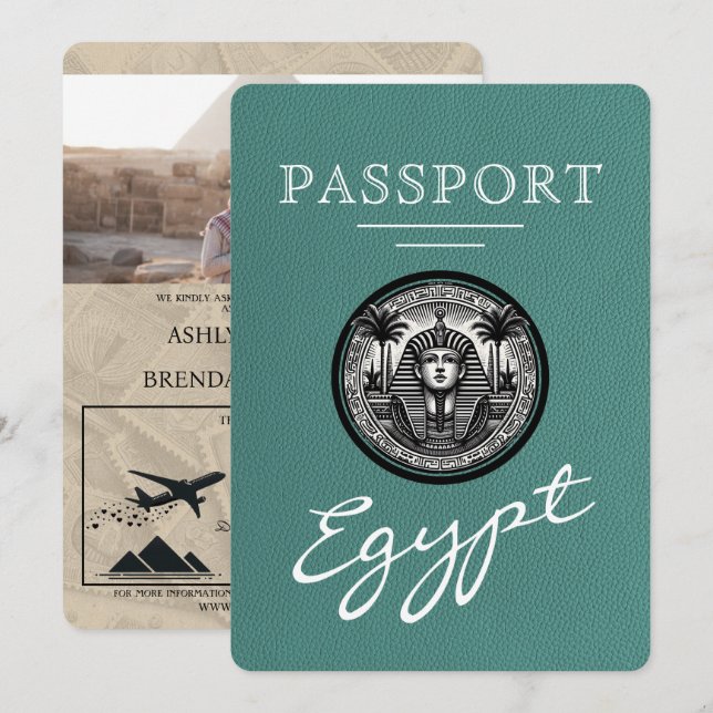 Turquoise Egypt Passport Wedding Invitation (Devant / Derrière)