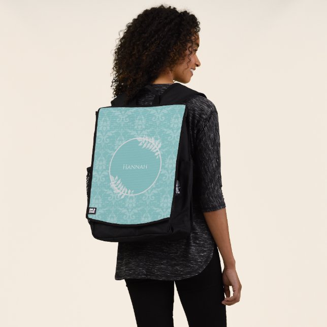Turquoise élégant Damas sac à dos personnalisé (Porté)