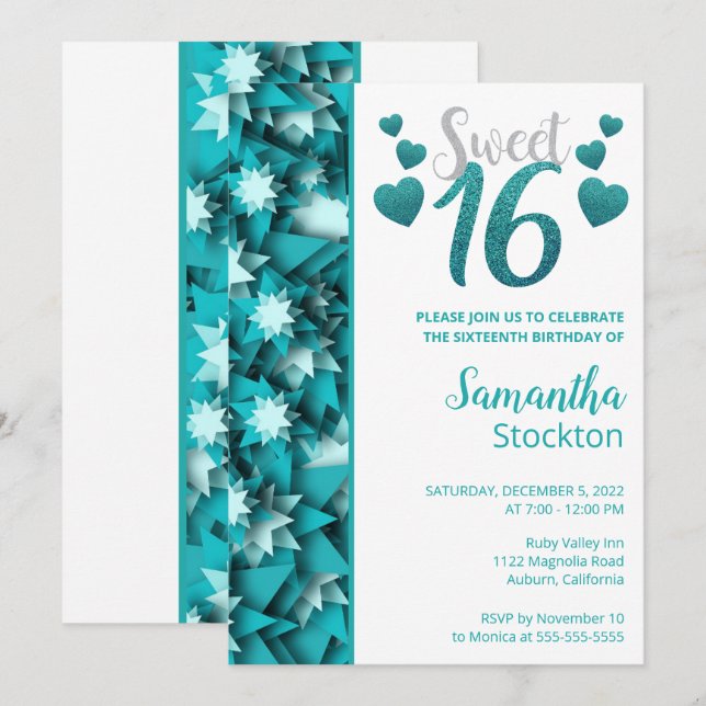 Turquoise élégant Sweet 16 Invitation (Devant / Derrière)