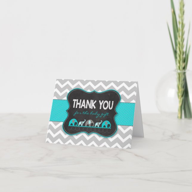 Turquoise Elephants baby shower merci notes (Devant)