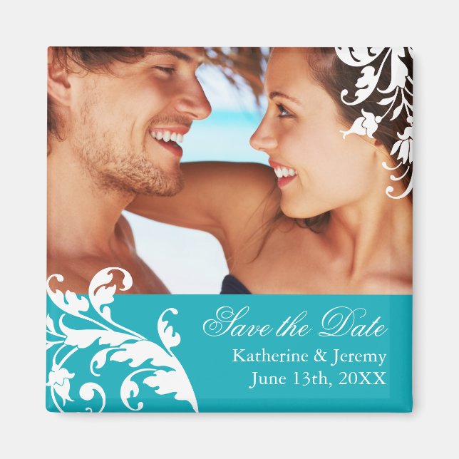 Turquoise Enregistrer le aimant Mariage de date (Devant)