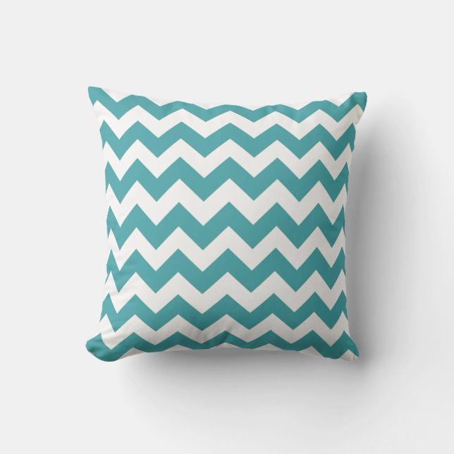 Turquoise et blanc Chevron ZigZag Coussin rayé (Recto)
