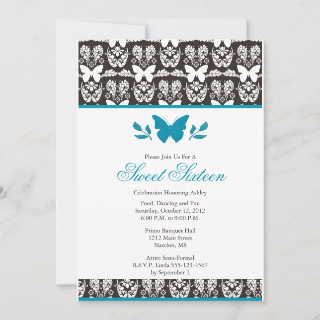 Turquoise et Brown Butterfly Sweet 16 invitations (Devant)