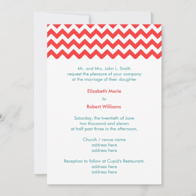 Turquoise et Coral Chevron Faire-part de mariage (Devant)